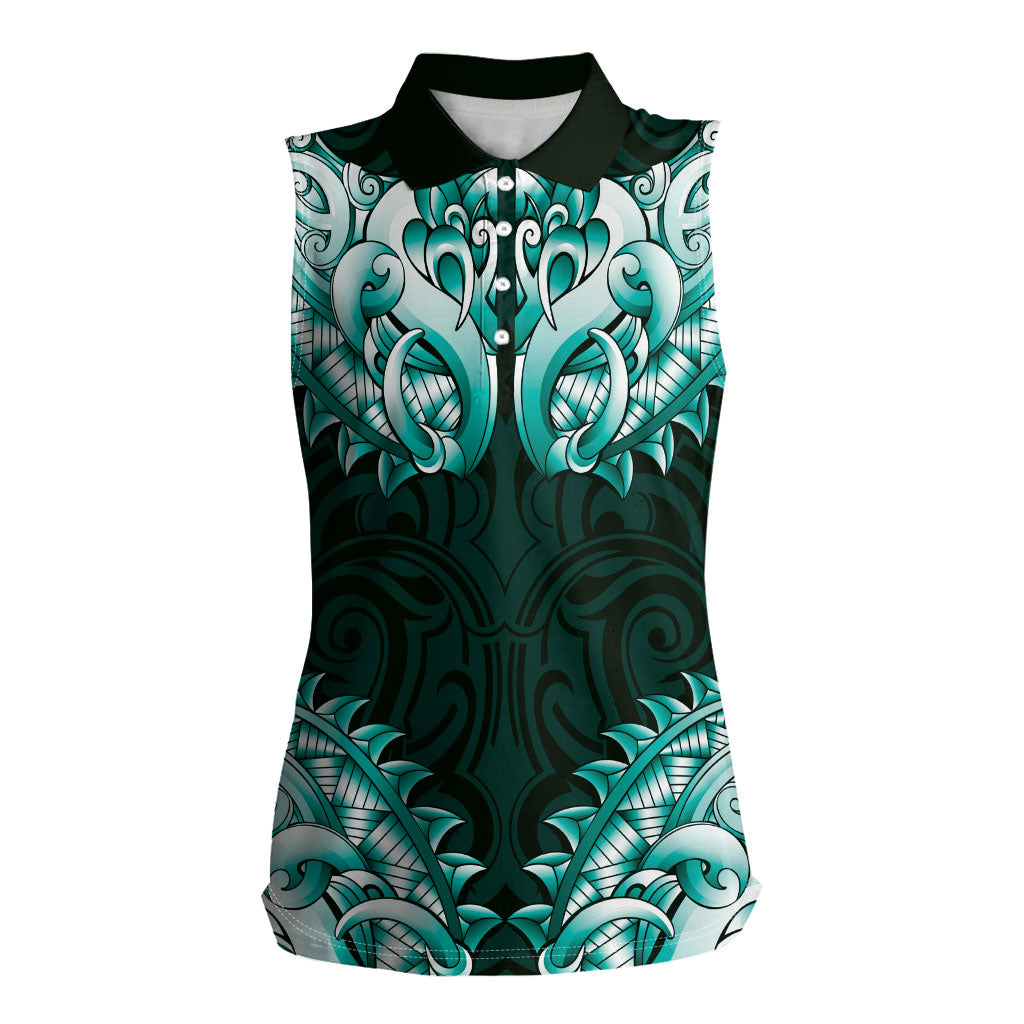New Zealand Ta Moko Women Sleeveless Polo Shirt Aotearoa Maori Chest Tattoo Turquoise