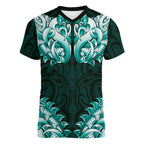 New Zealand Ta Moko Women V-Neck T-Shirt Aotearoa Maori Chest Tattoo Turquoise