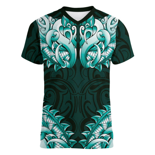 New Zealand Ta Moko Women V-Neck T-Shirt Aotearoa Maori Chest Tattoo Turquoise