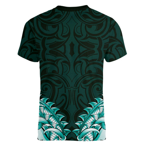 New Zealand Ta Moko Women V-Neck T-Shirt Aotearoa Maori Chest Tattoo Turquoise