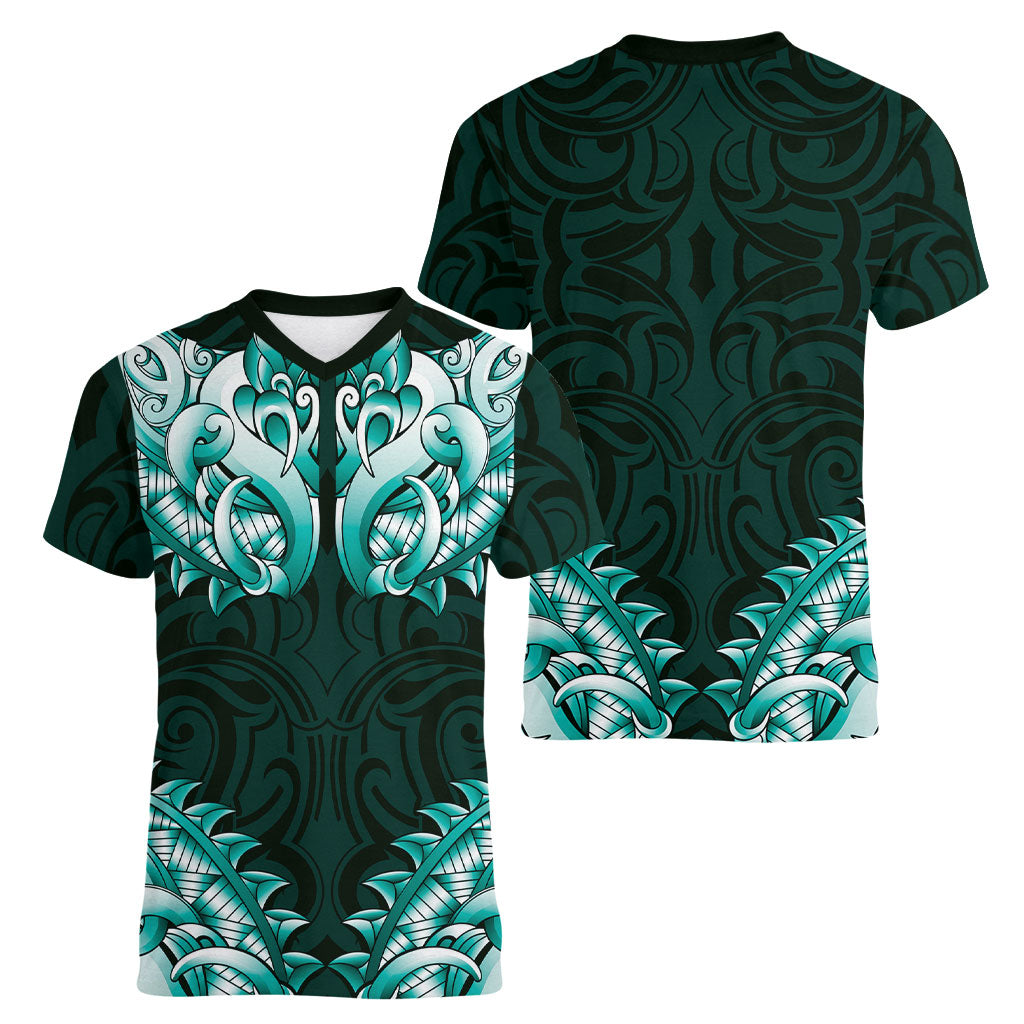 New Zealand Ta Moko Women V-Neck T-Shirt Aotearoa Maori Chest Tattoo Turquoise