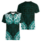 New Zealand Ta Moko Women V-Neck T-Shirt Aotearoa Maori Chest Tattoo Turquoise