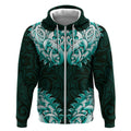New Zealand Ta Moko Zip Hoodie Aotearoa Maori Chest Tattoo Turquoise