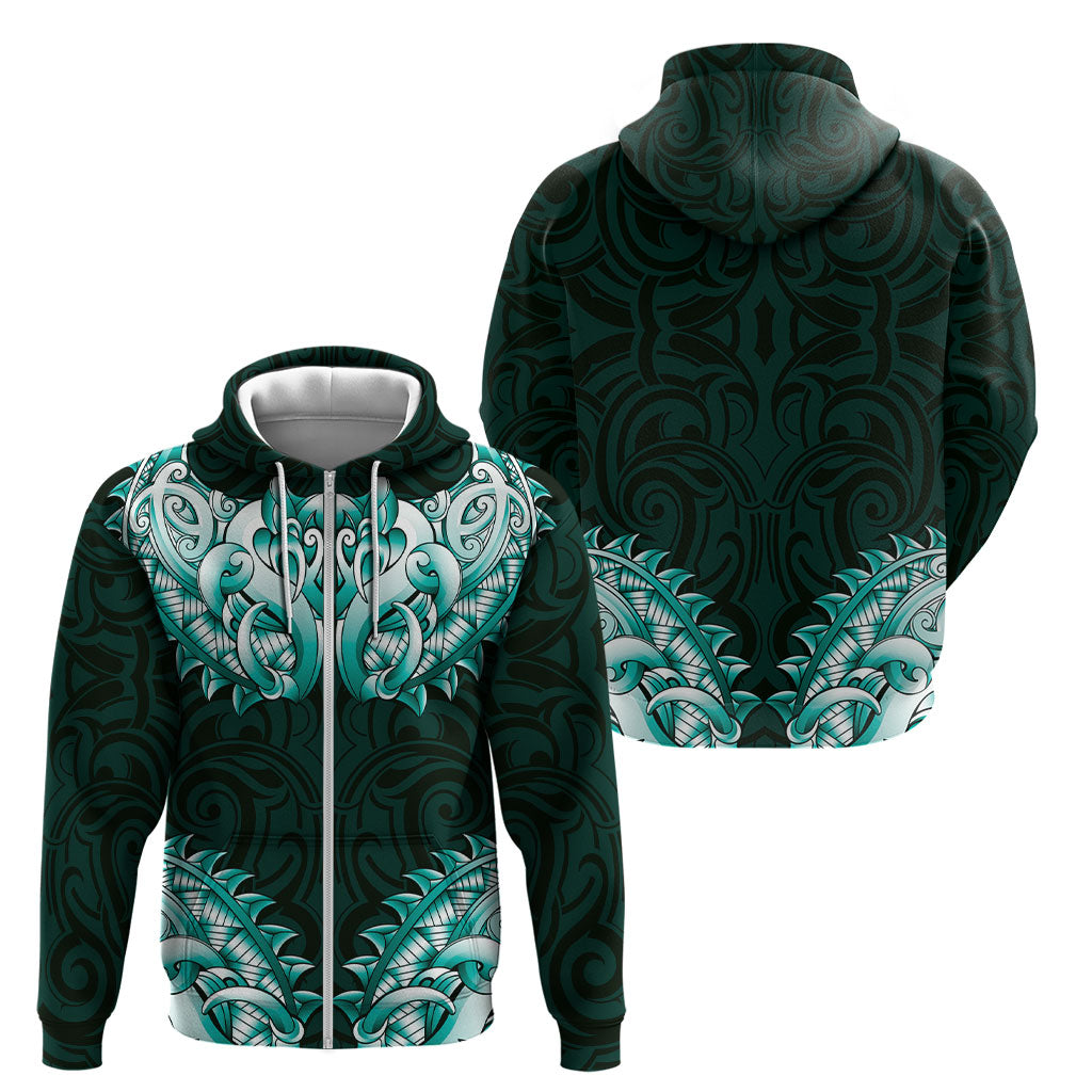 New Zealand Ta Moko Zip Hoodie Aotearoa Maori Chest Tattoo Turquoise