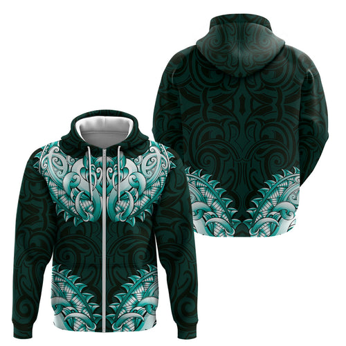New Zealand Ta Moko Zip Hoodie Aotearoa Maori Chest Tattoo Turquoise
