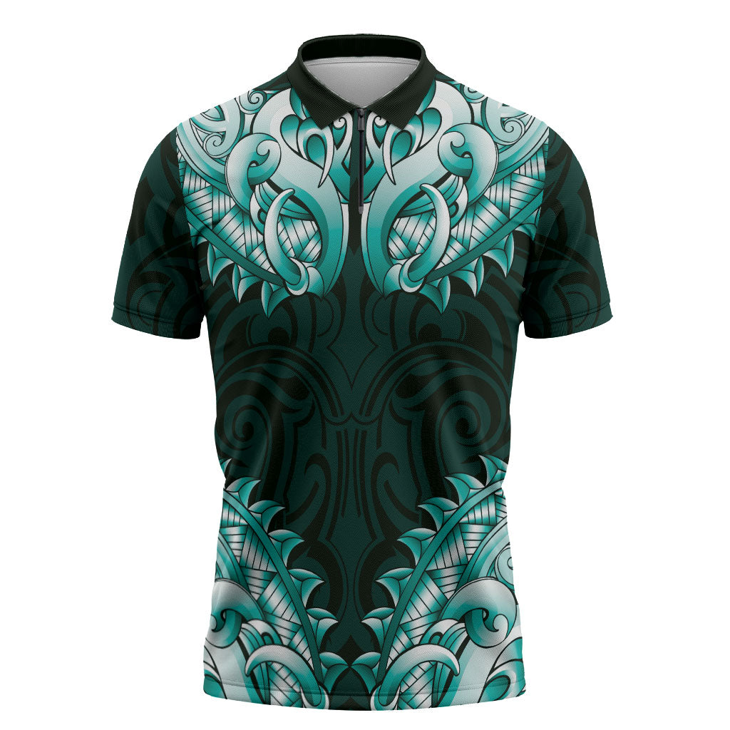 New Zealand Ta Moko Zipper Polo Shirt Aotearoa Maori Chest Tattoo Turquoise