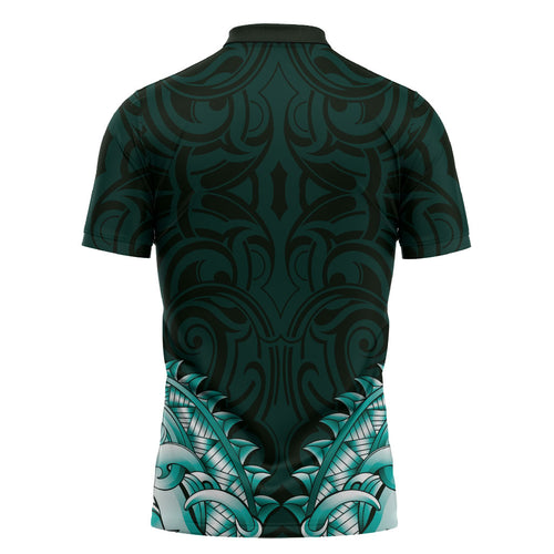 New Zealand Ta Moko Zipper Polo Shirt Aotearoa Maori Chest Tattoo Turquoise