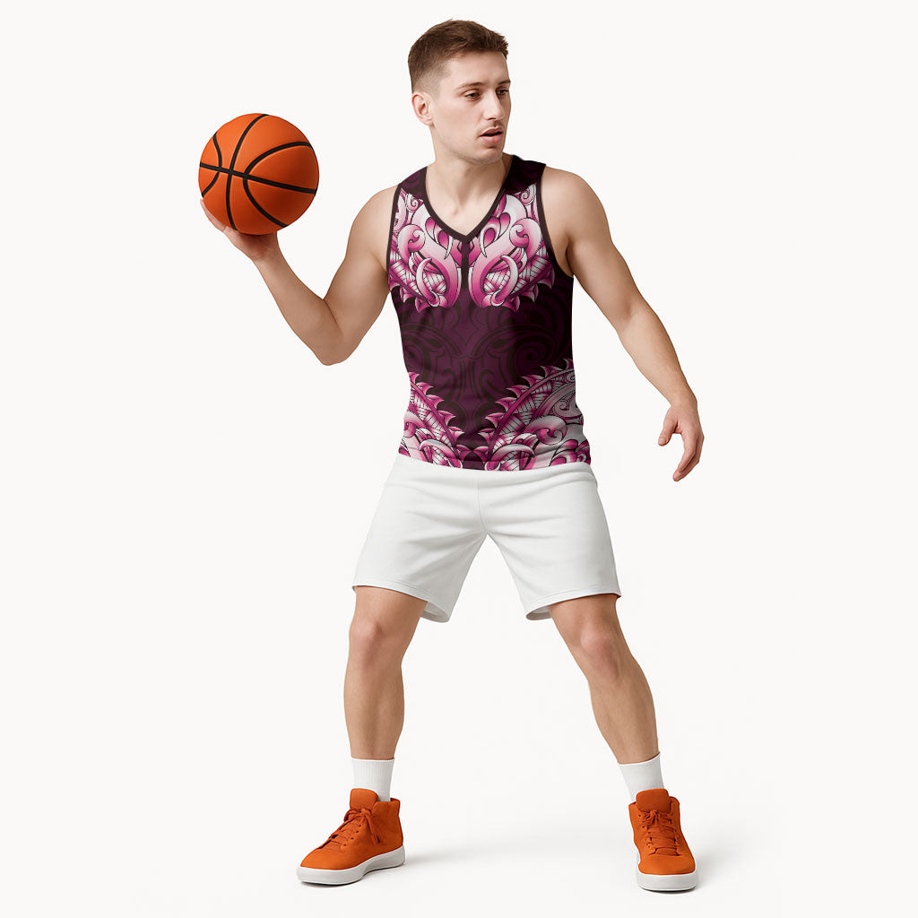 New Zealand Ta Moko Basketball Jersey Aotearoa Maori Chest Tattoo Pink