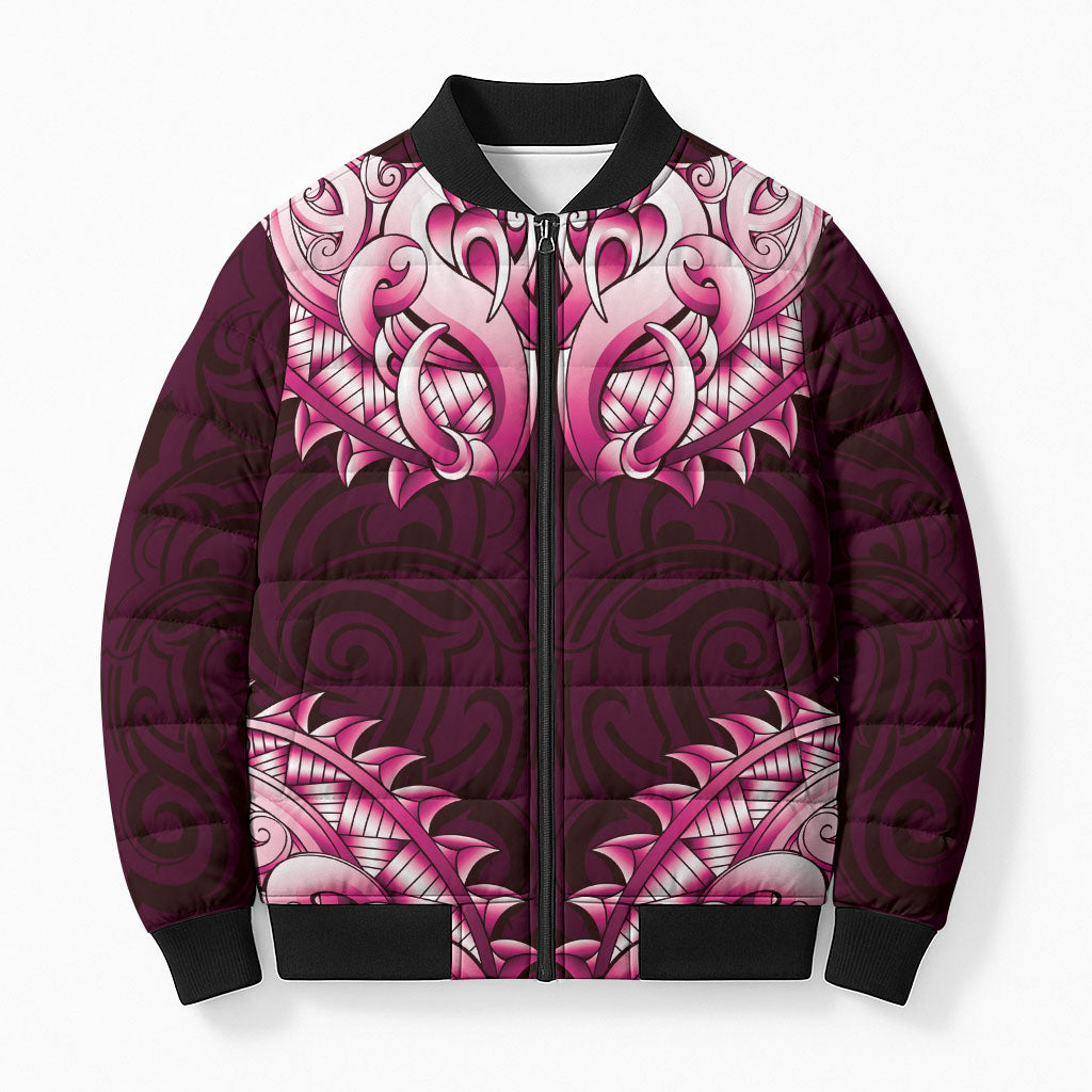 New Zealand Ta Moko Bomber Puffer Jacket Aotearoa Maori Chest Tattoo Pink