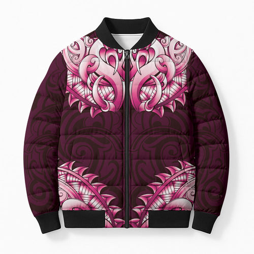 New Zealand Ta Moko Bomber Puffer Jacket Aotearoa Maori Chest Tattoo Pink