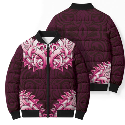 New Zealand Ta Moko Bomber Puffer Jacket Aotearoa Maori Chest Tattoo Pink