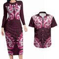 New Zealand Ta Moko Couples Matching Long Sleeve Bodycon Dress and Hawaiian Shirt Aotearoa Maori Chest Tattoo Pink