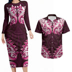 New Zealand Ta Moko Couples Matching Long Sleeve Bodycon Dress and Hawaiian Shirt Aotearoa Maori Chest Tattoo Pink