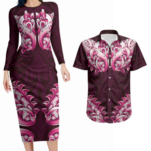 New Zealand Ta Moko Couples Matching Long Sleeve Bodycon Dress and Hawaiian Shirt Aotearoa Maori Chest Tattoo Pink
