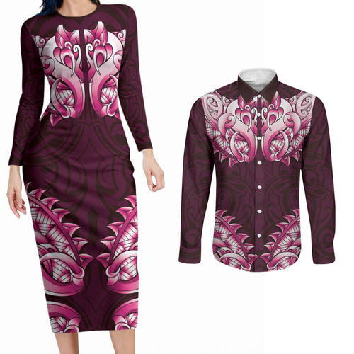 New Zealand Ta Moko Couples Matching Long Sleeve Bodycon Dress and Long Sleeve Button Shirt Aotearoa Maori Chest Tattoo Pink