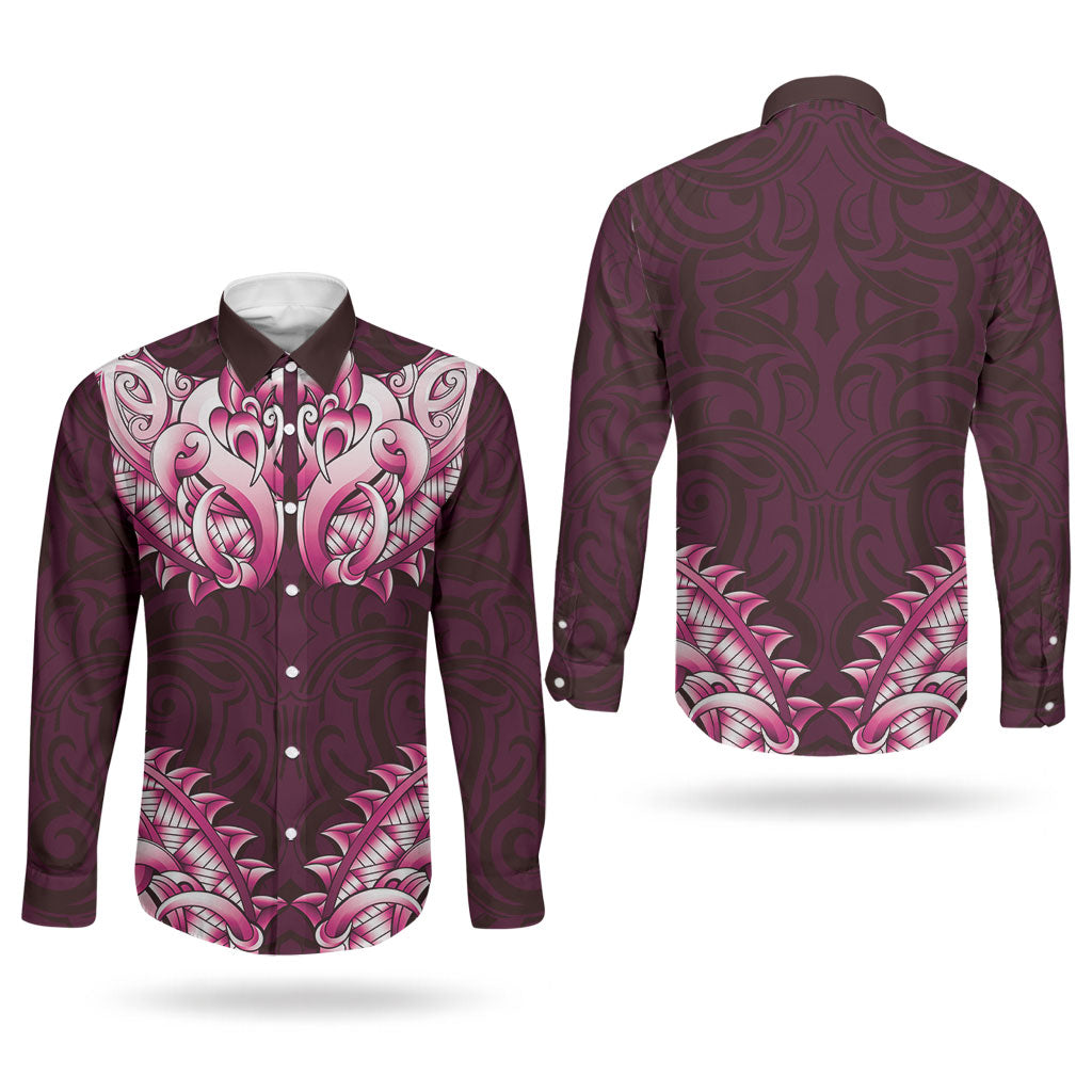 New Zealand Ta Moko Couples Matching Long Sleeve Bodycon Dress and Long Sleeve Button Shirt Aotearoa Maori Chest Tattoo Pink