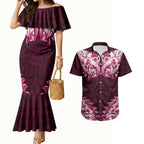 New Zealand Ta Moko Couples Matching Mermaid Dress and Hawaiian Shirt Aotearoa Maori Chest Tattoo Pink