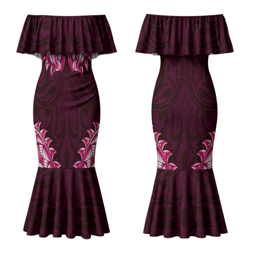 New Zealand Ta Moko Couples Matching Mermaid Dress and Hawaiian Shirt Aotearoa Maori Chest Tattoo Pink