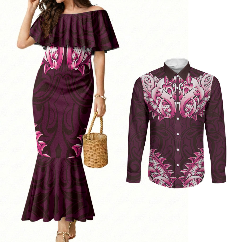 New Zealand Ta Moko Couples Matching Mermaid Dress and Long Sleeve Button Shirt Aotearoa Maori Chest Tattoo Pink