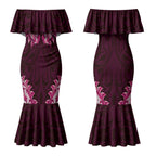 New Zealand Ta Moko Couples Matching Mermaid Dress and Long Sleeve Button Shirt Aotearoa Maori Chest Tattoo Pink