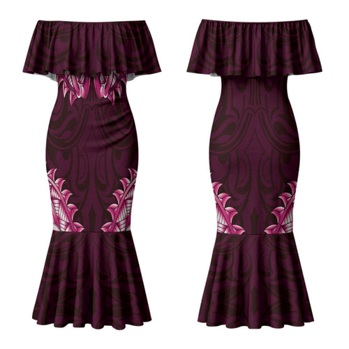 New Zealand Ta Moko Couples Matching Mermaid Dress and Long Sleeve Button Shirt Aotearoa Maori Chest Tattoo Pink