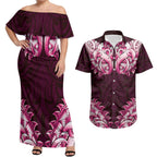 New Zealand Ta Moko Couples Matching Off Shoulder Maxi Dress and Hawaiian Shirt Aotearoa Maori Chest Tattoo Pink