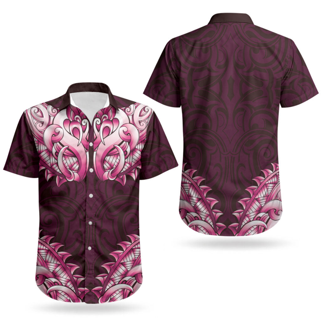 New Zealand Ta Moko Couples Matching Off Shoulder Maxi Dress and Hawaiian Shirt Aotearoa Maori Chest Tattoo Pink