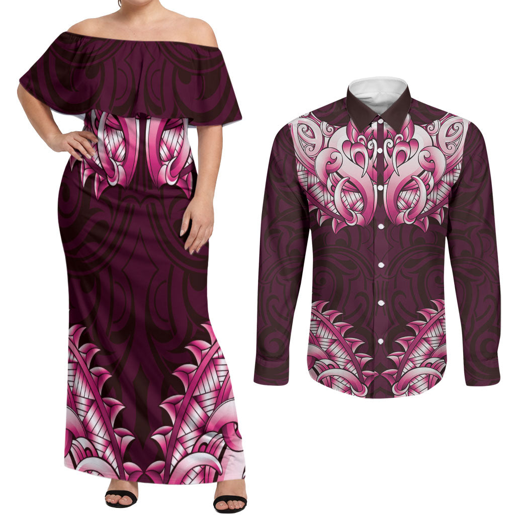 New Zealand Ta Moko Couples Matching Off Shoulder Maxi Dress and Long Sleeve Button Shirt Aotearoa Maori Chest Tattoo Pink