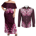 New Zealand Ta Moko Couples Matching Off Shoulder Maxi Dress and Long Sleeve Button Shirt Aotearoa Maori Chest Tattoo Pink