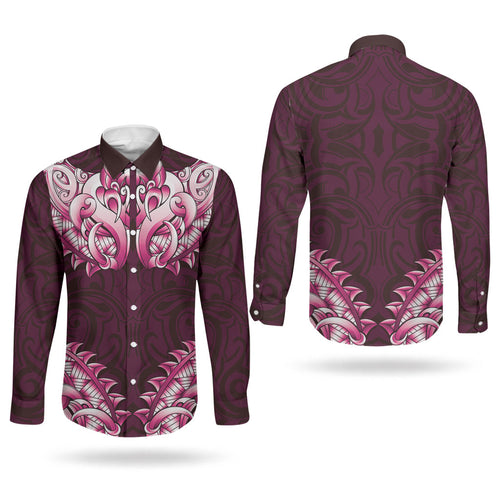 New Zealand Ta Moko Couples Matching Off Shoulder Maxi Dress and Long Sleeve Button Shirt Aotearoa Maori Chest Tattoo Pink