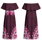 New Zealand Ta Moko Couples Matching Off Shoulder Maxi Dress and Long Sleeve Button Shirt Aotearoa Maori Chest Tattoo Pink