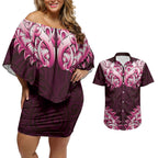 New Zealand Ta Moko Couples Matching Off Shoulder Short Dress and Hawaiian Shirt Aotearoa Maori Chest Tattoo Pink