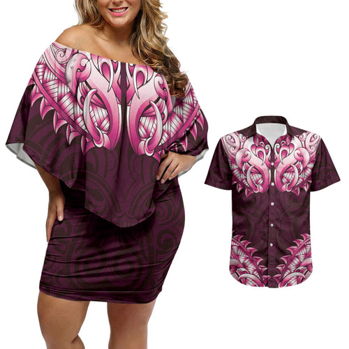 New Zealand Ta Moko Couples Matching Off Shoulder Short Dress and Hawaiian Shirt Aotearoa Maori Chest Tattoo Pink