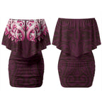 New Zealand Ta Moko Couples Matching Off Shoulder Short Dress and Hawaiian Shirt Aotearoa Maori Chest Tattoo Pink