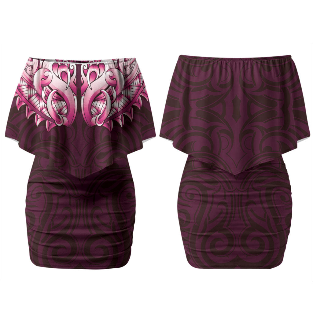 New Zealand Ta Moko Couples Matching Off Shoulder Short Dress and Hawaiian Shirt Aotearoa Maori Chest Tattoo Pink