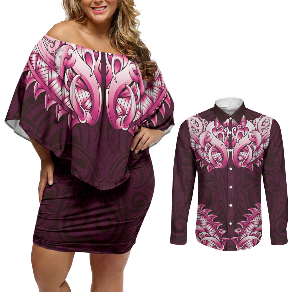 New Zealand Ta Moko Couples Matching Off Shoulder Short Dress and Long Sleeve Button Shirt Aotearoa Maori Chest Tattoo Pink