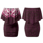 New Zealand Ta Moko Couples Matching Off Shoulder Short Dress and Long Sleeve Button Shirt Aotearoa Maori Chest Tattoo Pink