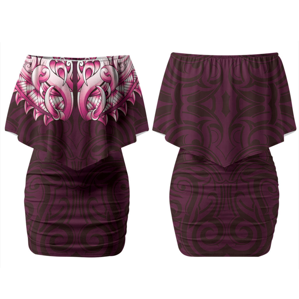 New Zealand Ta Moko Couples Matching Off Shoulder Short Dress and Long Sleeve Button Shirt Aotearoa Maori Chest Tattoo Pink