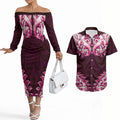 New Zealand Ta Moko Couples Matching Off The Shoulder Long Sleeve Dress and Hawaiian Shirt Aotearoa Maori Chest Tattoo Pink