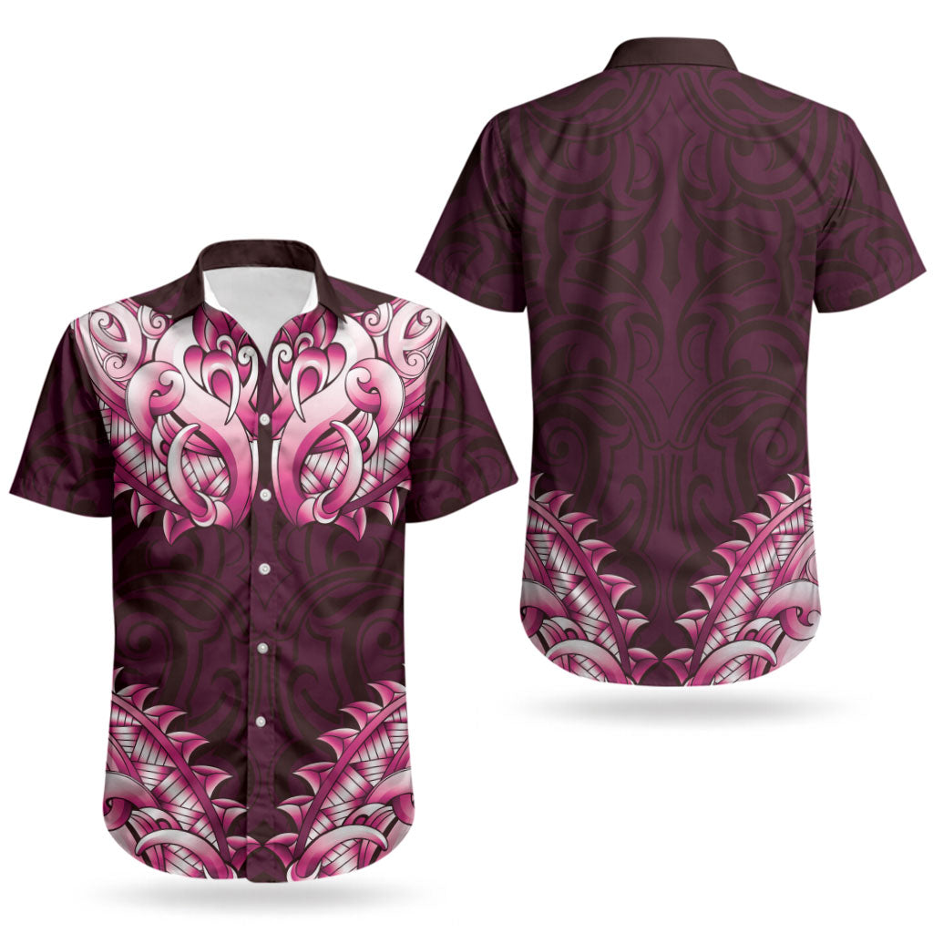 New Zealand Ta Moko Couples Matching Off The Shoulder Long Sleeve Dress and Hawaiian Shirt Aotearoa Maori Chest Tattoo Pink