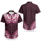 New Zealand Ta Moko Couples Matching Off The Shoulder Long Sleeve Dress and Hawaiian Shirt Aotearoa Maori Chest Tattoo Pink