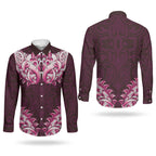 New Zealand Ta Moko Couples Matching Off The Shoulder Long Sleeve Dress and Long Sleeve Button Shirt Aotearoa Maori Chest Tattoo Pink