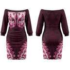 New Zealand Ta Moko Couples Matching Off The Shoulder Long Sleeve Dress and Long Sleeve Button Shirt Aotearoa Maori Chest Tattoo Pink