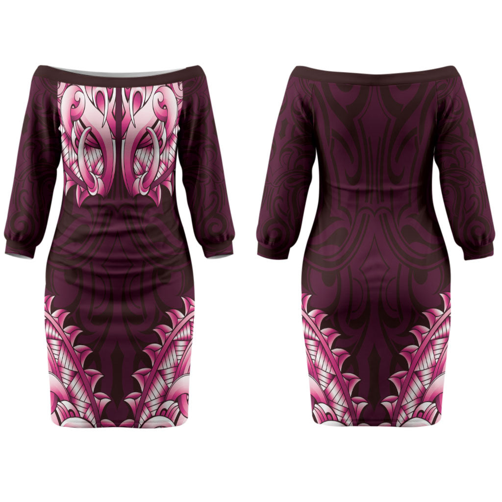New Zealand Ta Moko Couples Matching Off The Shoulder Long Sleeve Dress and Long Sleeve Button Shirt Aotearoa Maori Chest Tattoo Pink