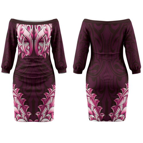 New Zealand Ta Moko Couples Matching Off The Shoulder Long Sleeve Dress and Long Sleeve Button Shirt Aotearoa Maori Chest Tattoo Pink