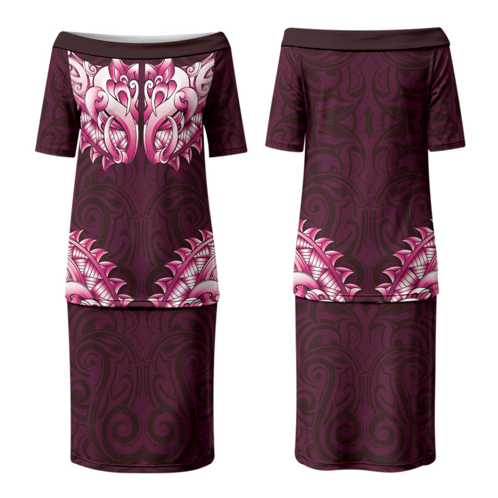 New Zealand Ta Moko Couples Matching Puletasi and Hawaiian Shirt Aotearoa Maori Chest Tattoo Pink