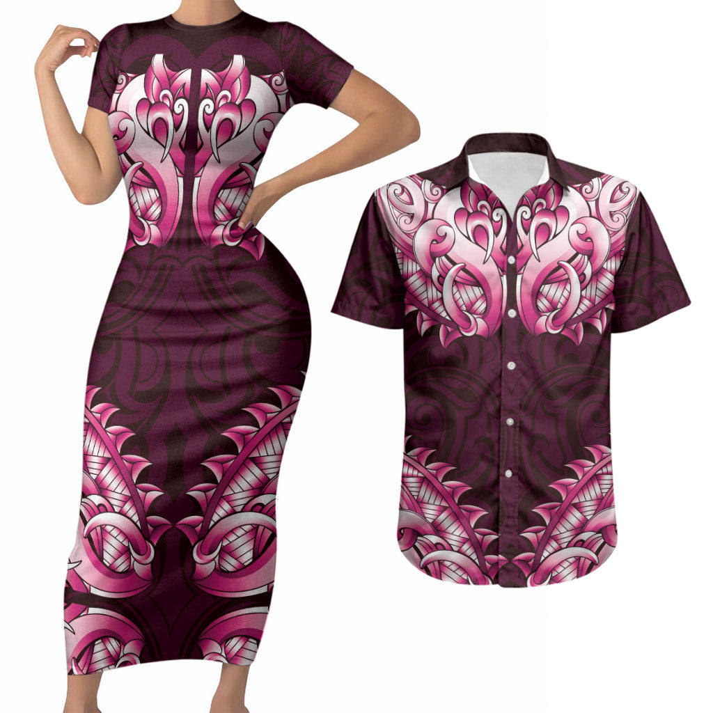 New Zealand Ta Moko Couples Matching Short Sleeve Bodycon Dress and Hawaiian Shirt Aotearoa Maori Chest Tattoo Pink