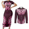 New Zealand Ta Moko Couples Matching Short Sleeve Bodycon Dress and Long Sleeve Button Shirt Aotearoa Maori Chest Tattoo Pink