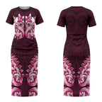 New Zealand Ta Moko Couples Matching Short Sleeve Bodycon Dress and Long Sleeve Button Shirt Aotearoa Maori Chest Tattoo Pink