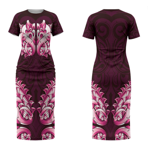 New Zealand Ta Moko Couples Matching Short Sleeve Bodycon Dress and Long Sleeve Button Shirt Aotearoa Maori Chest Tattoo Pink